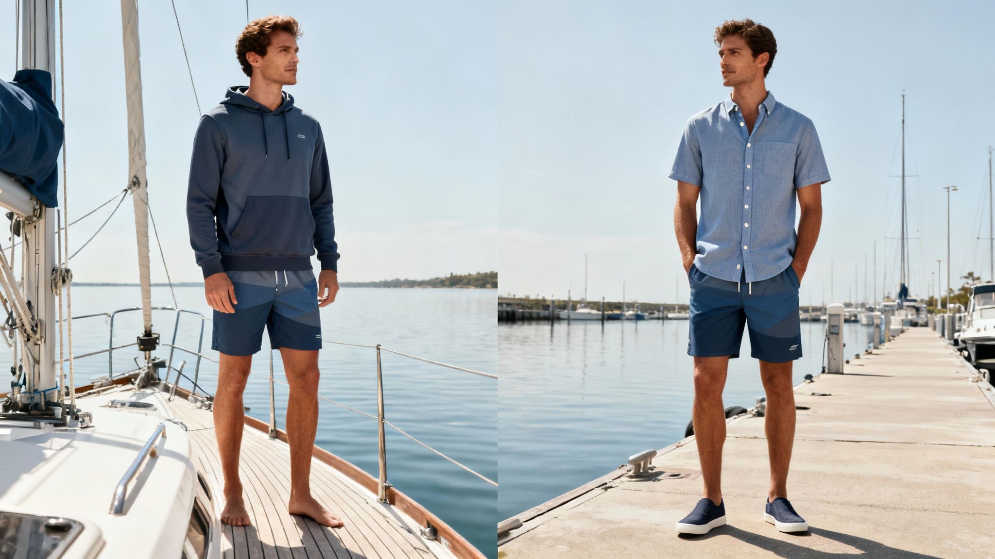 A man models blue board shorts in two outfits: one with a hoodie on a sailboat, one with a shirt on a dock.