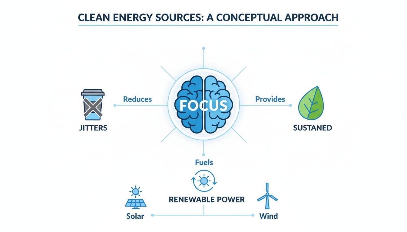 Conceptual diagram showing clean energy sources fueling focus, reducing jitters, and providing sustained energy.