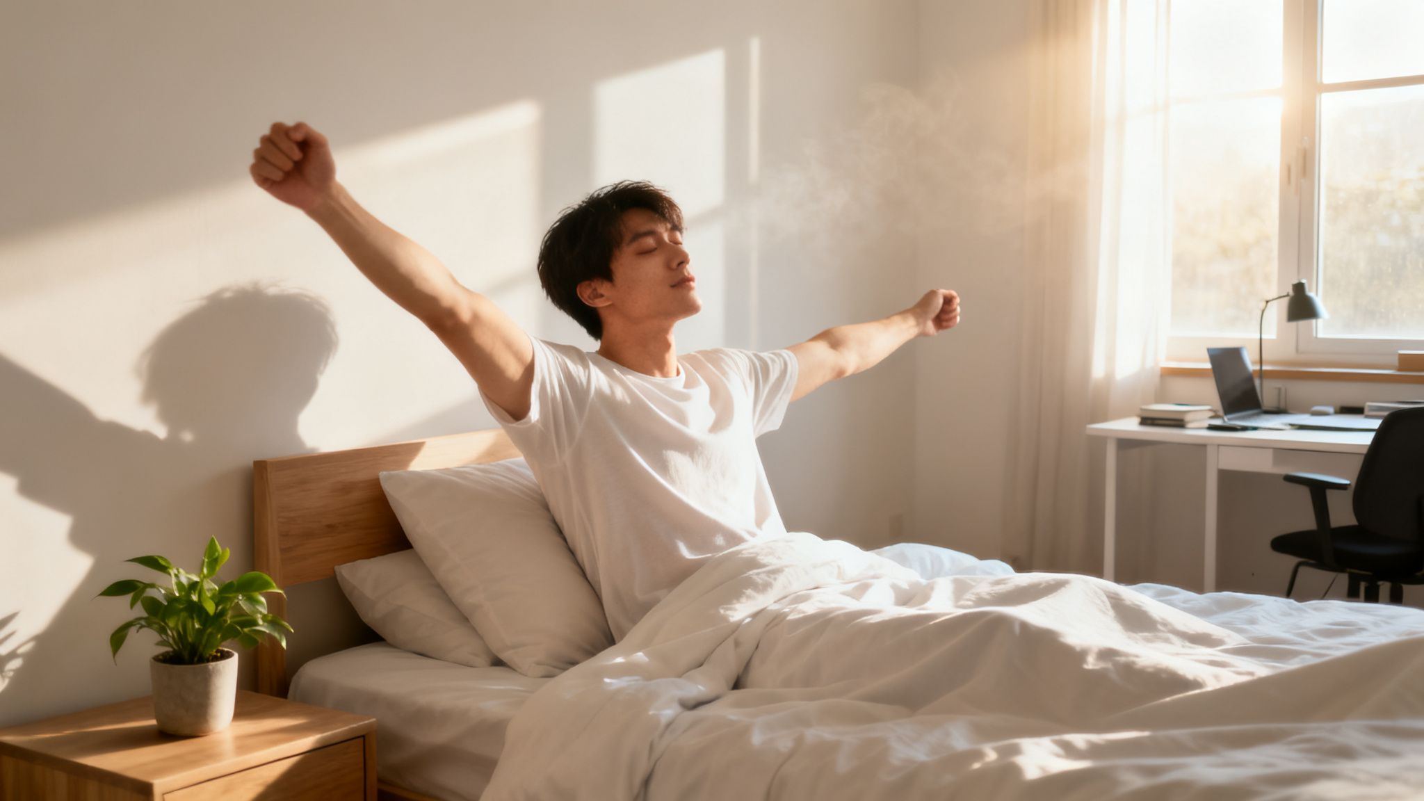 A young Asian man stretches happily in bed, waking up in a sunlit bedroom.