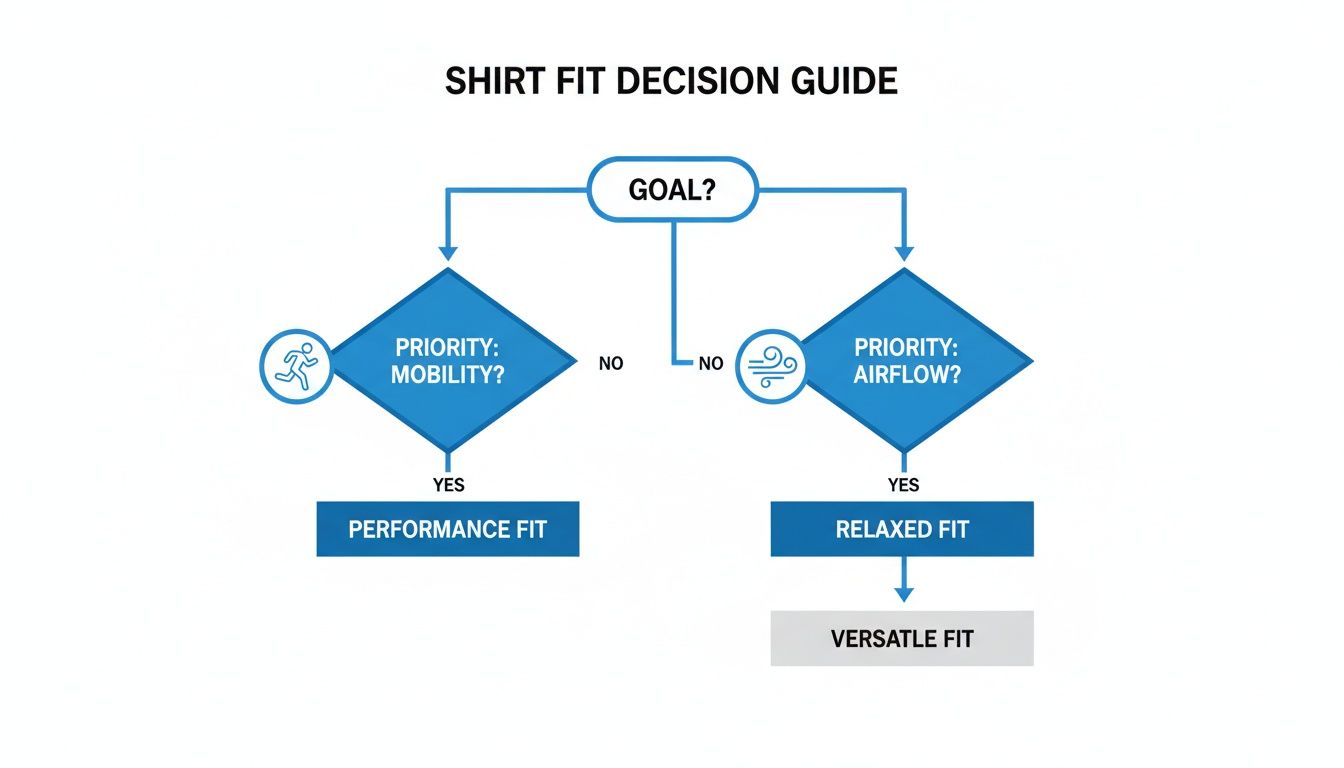 A flowchart titled 'Shirt Fit Decision Guide' for choosing between performance, relaxed, and versatile fits.