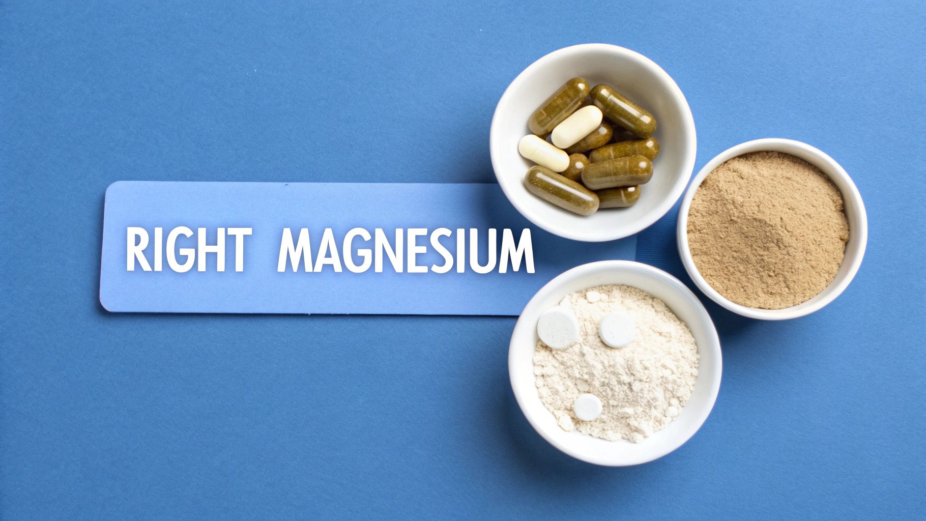 Different forms of magnesium supplements, including capsules, powder, and tablets, displayed on a blue background with the text 'RIGHT MAGNESIUM'.
