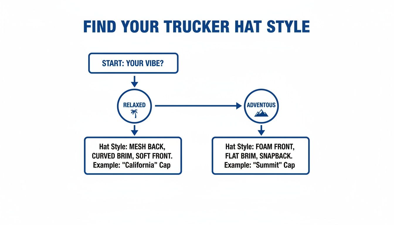 Flowchart guiding users to find their ideal trucker hat style based on relaxed or adventurous vibes.