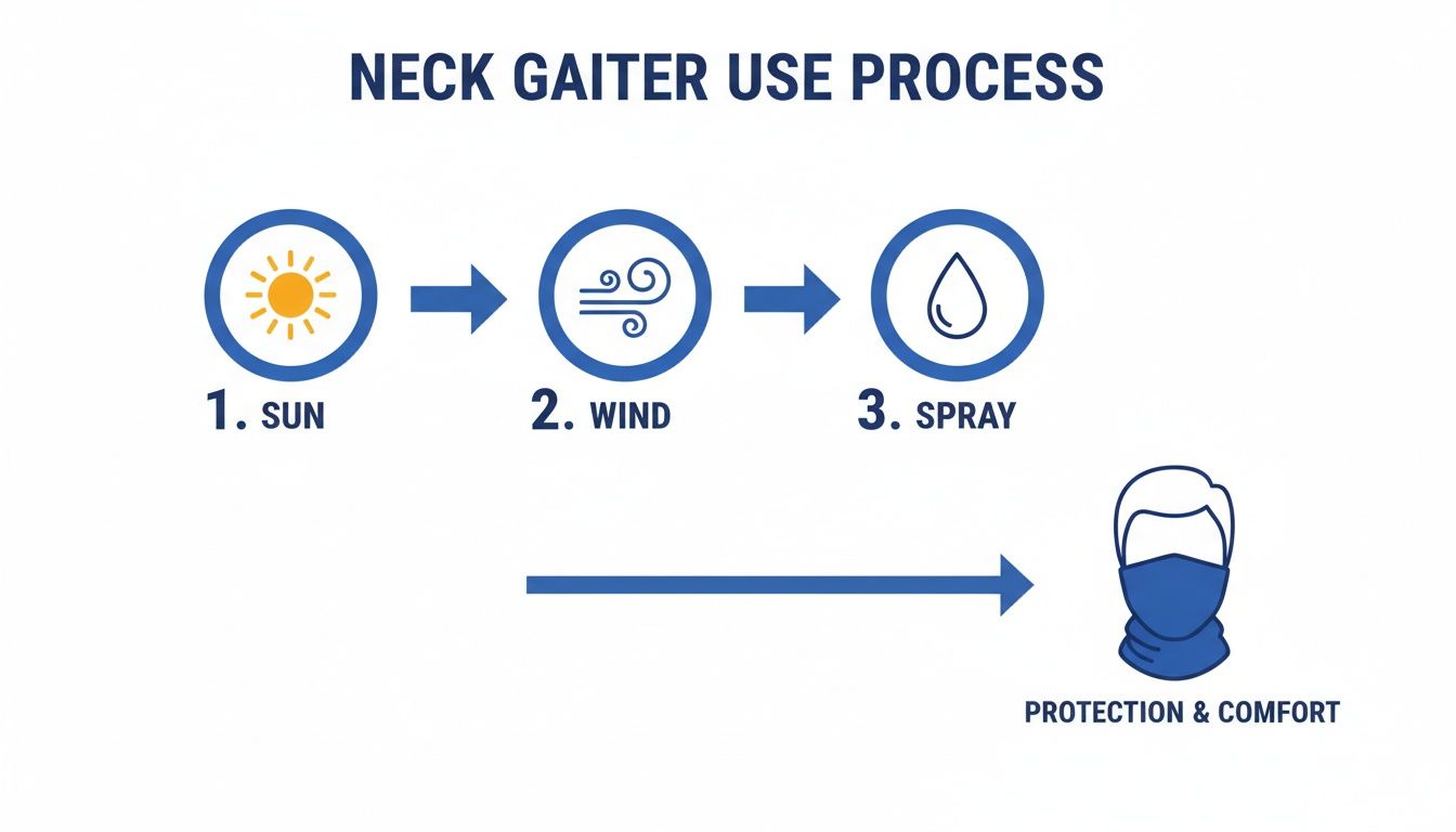 Infographic showing the neck gaiter use process for protection from sun, wind, and spray.