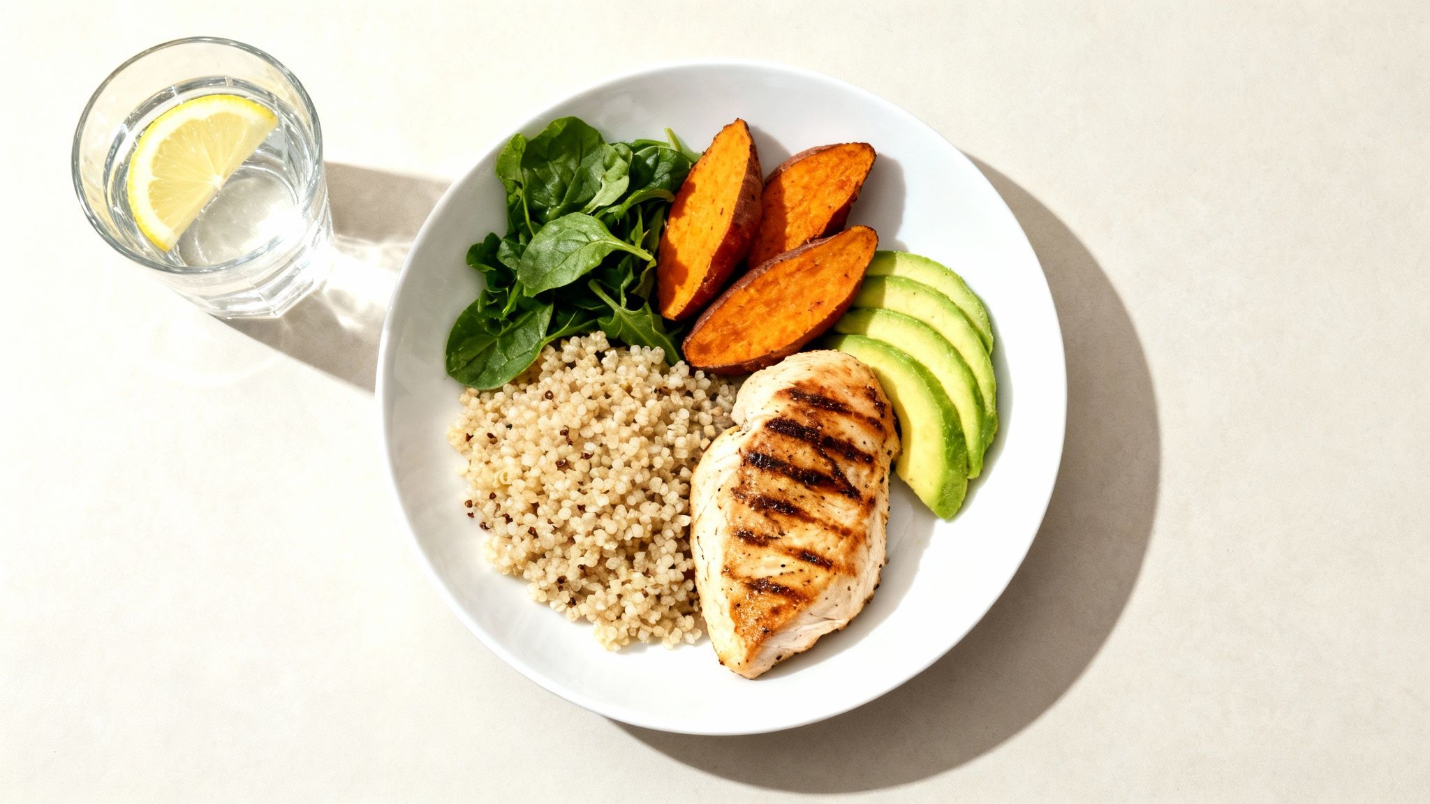 A healthy meal bowl with grilled chicken, quinoa, spinach, sweet potatoes, avocado, and lemon water.