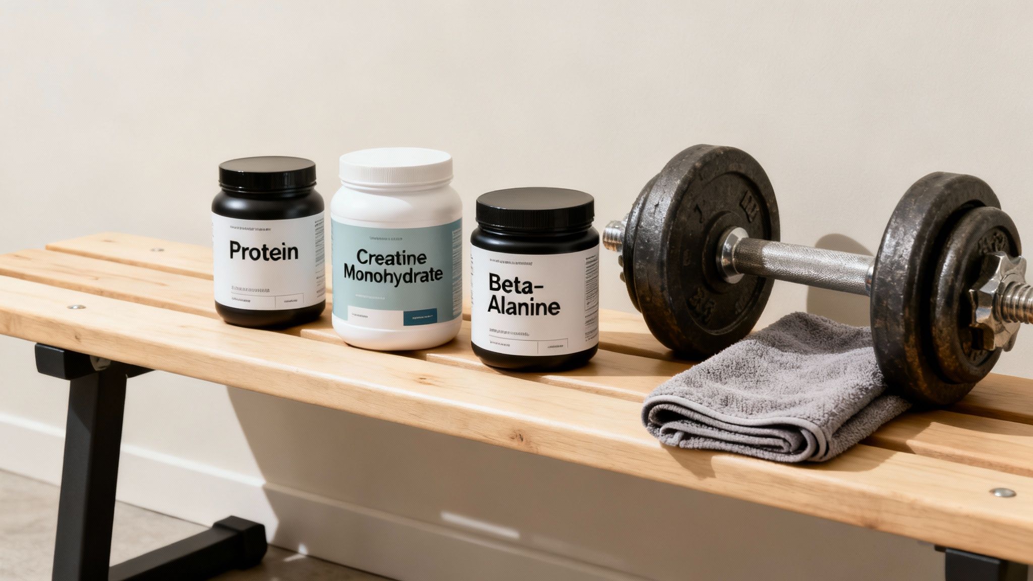 Workout essentials: protein, creatine, beta-alanine supplements with a dumbbell and towel on a bench.
