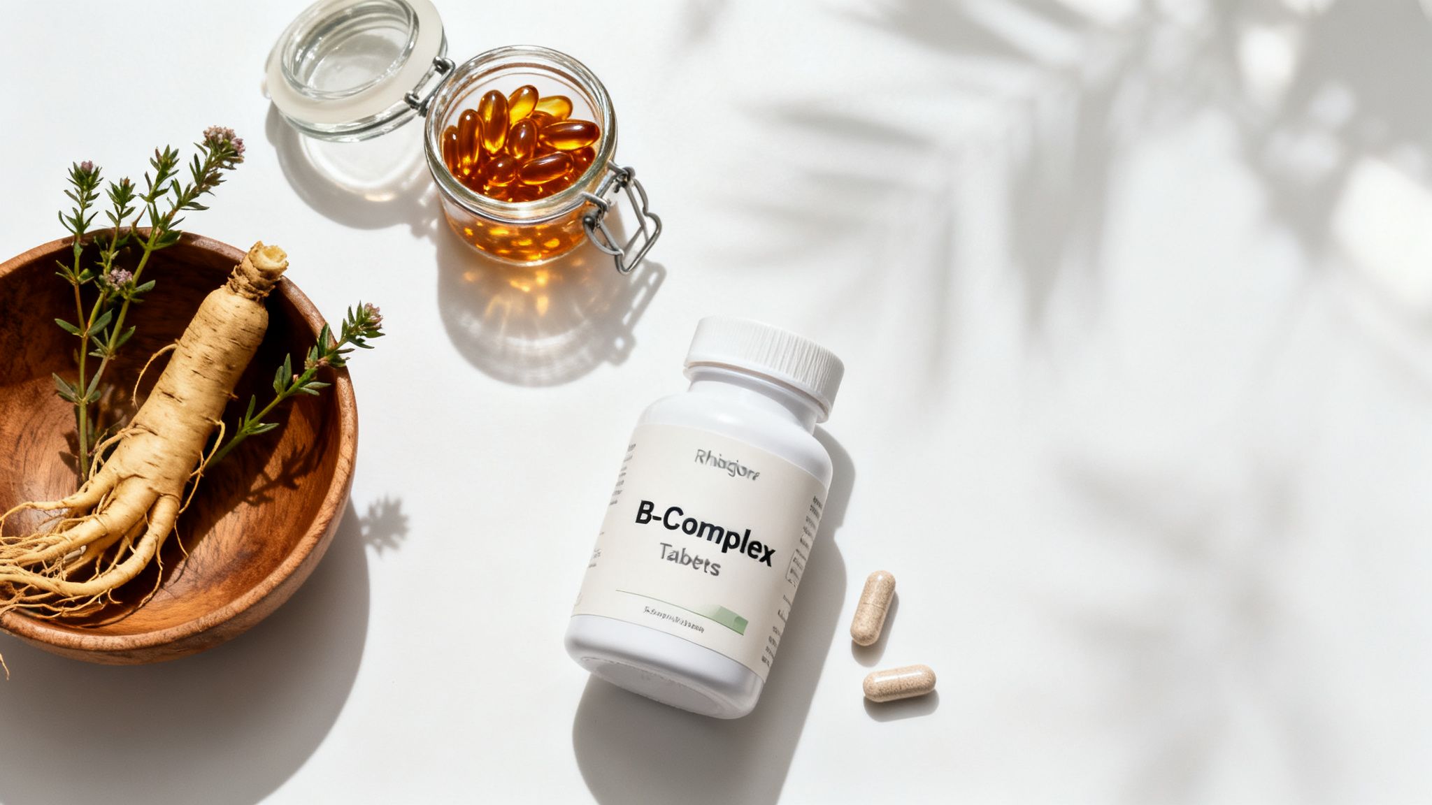 Ginseng root in a wooden bowl, a jar of capsules, and a B-Complex bottle on white.