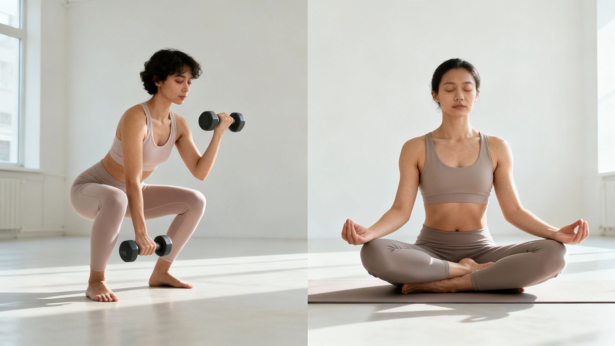 Two women practice wellness: one exercises with dumbbells, another meditates peacefully in a bright room.