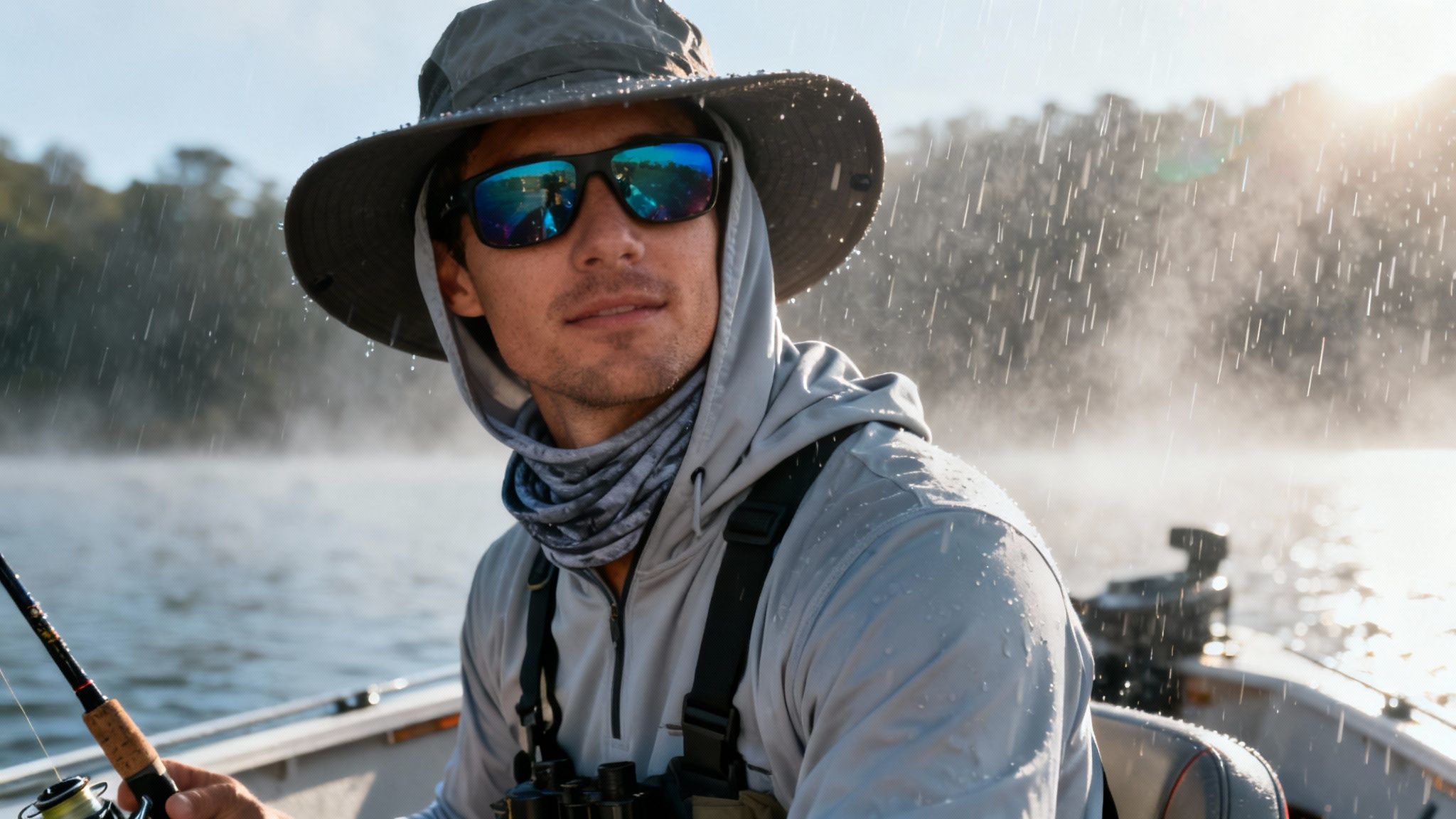 A man in a fishing boat, wearing a hat and sunglasses, enjoying a misty day on the water.