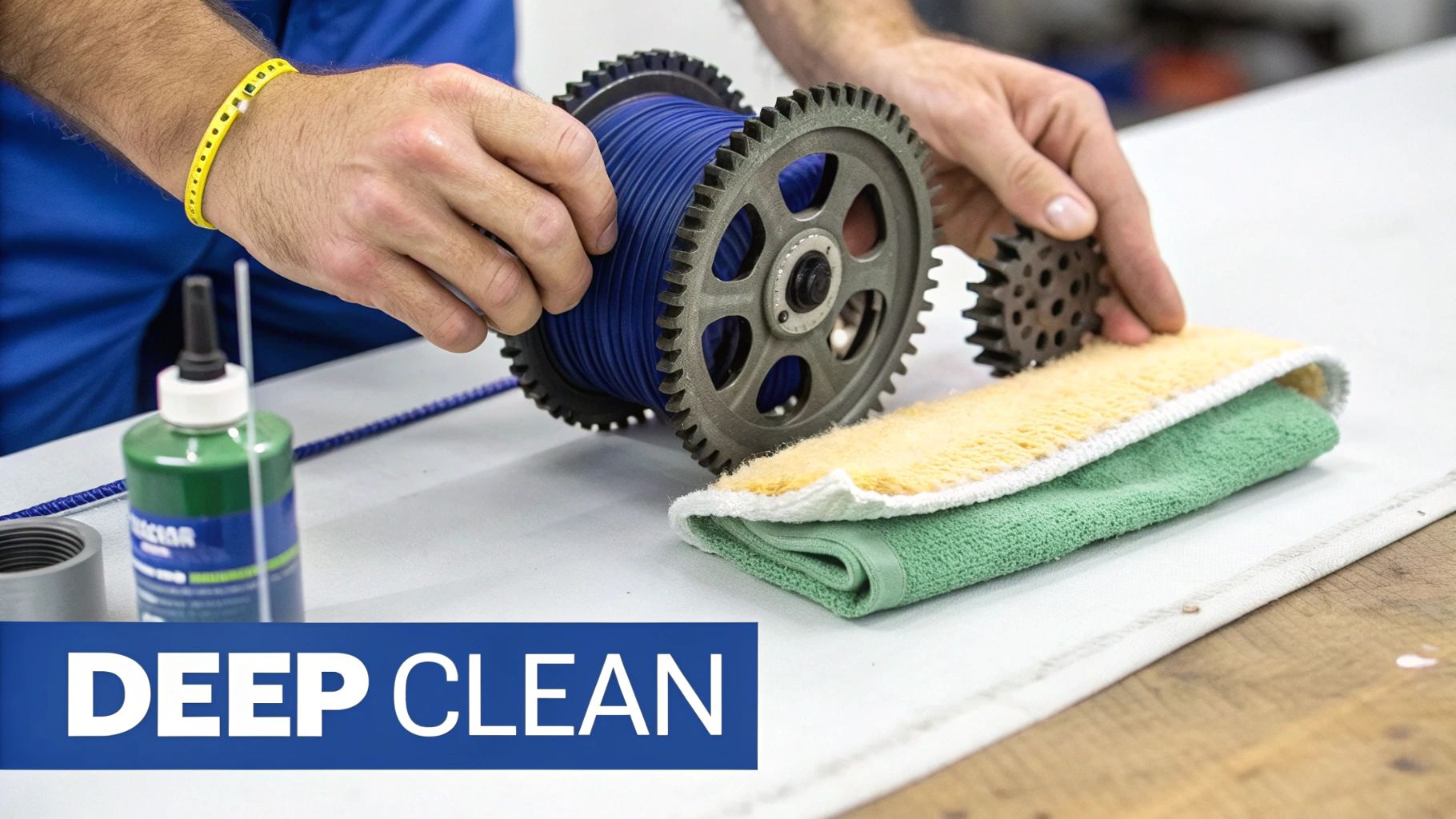 A disassembled fishing reel with its parts laid out for cleaning.
