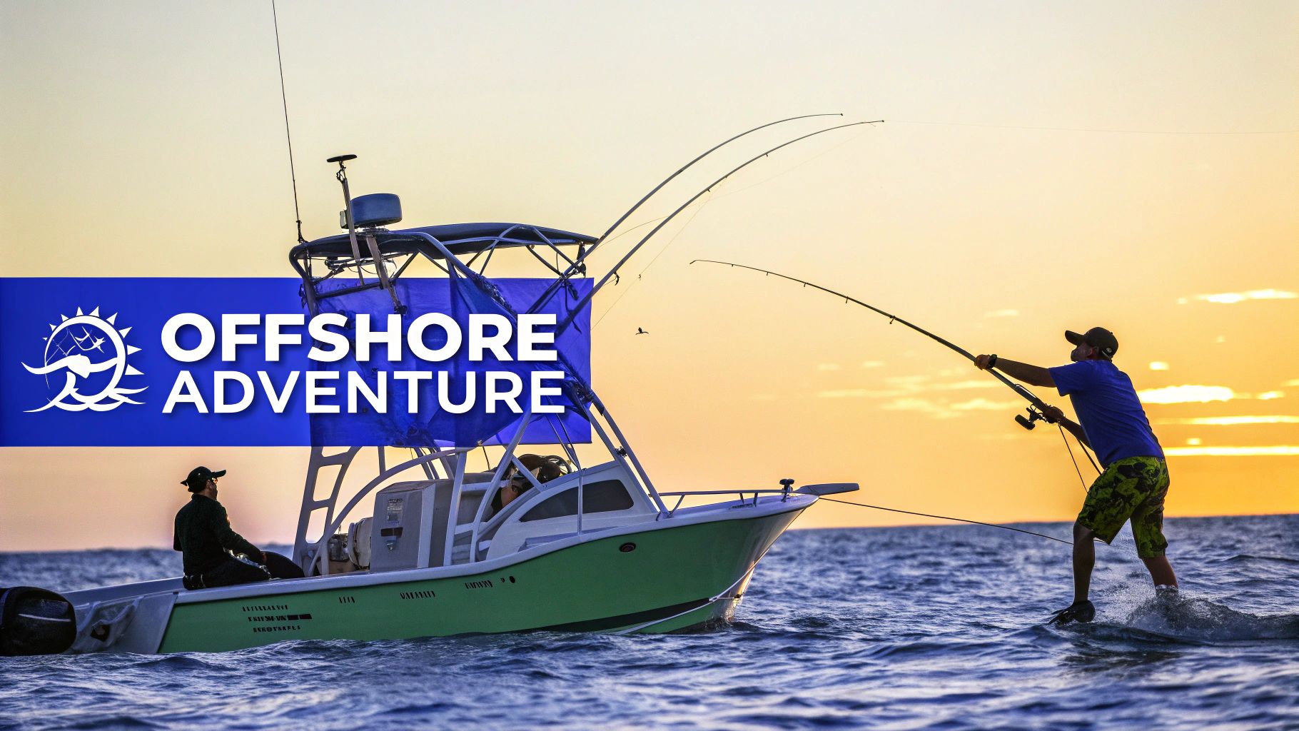 A sportfishing boat speeds across the open ocean under a clear blue sky.