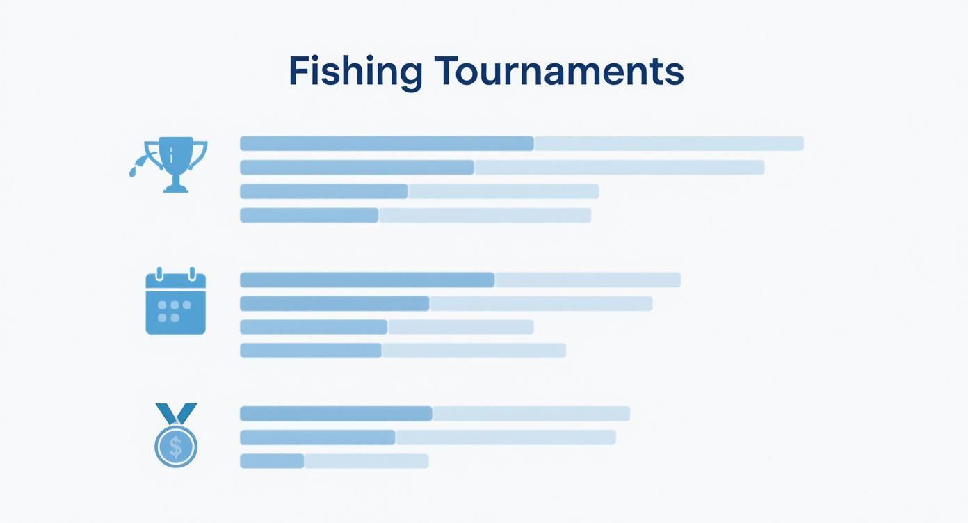 Infographic displaying fishing tournament statistics with trophy, calendar, and prize money icons.