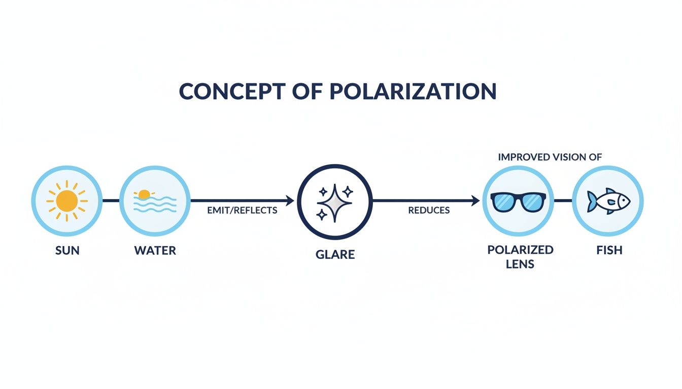 Diagram illustrating how polarized lenses reduce sun glare reflecting off water, improving vision of fish.