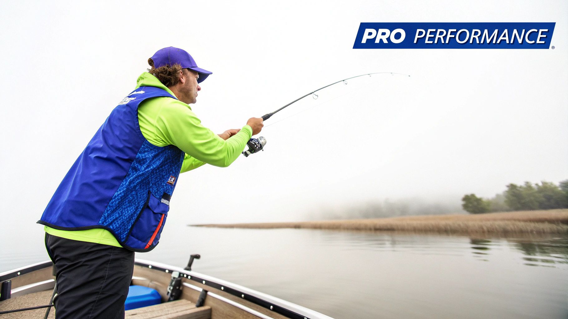 Professional angler wearing bright UV protection fishing shirt while casting rod from boat
