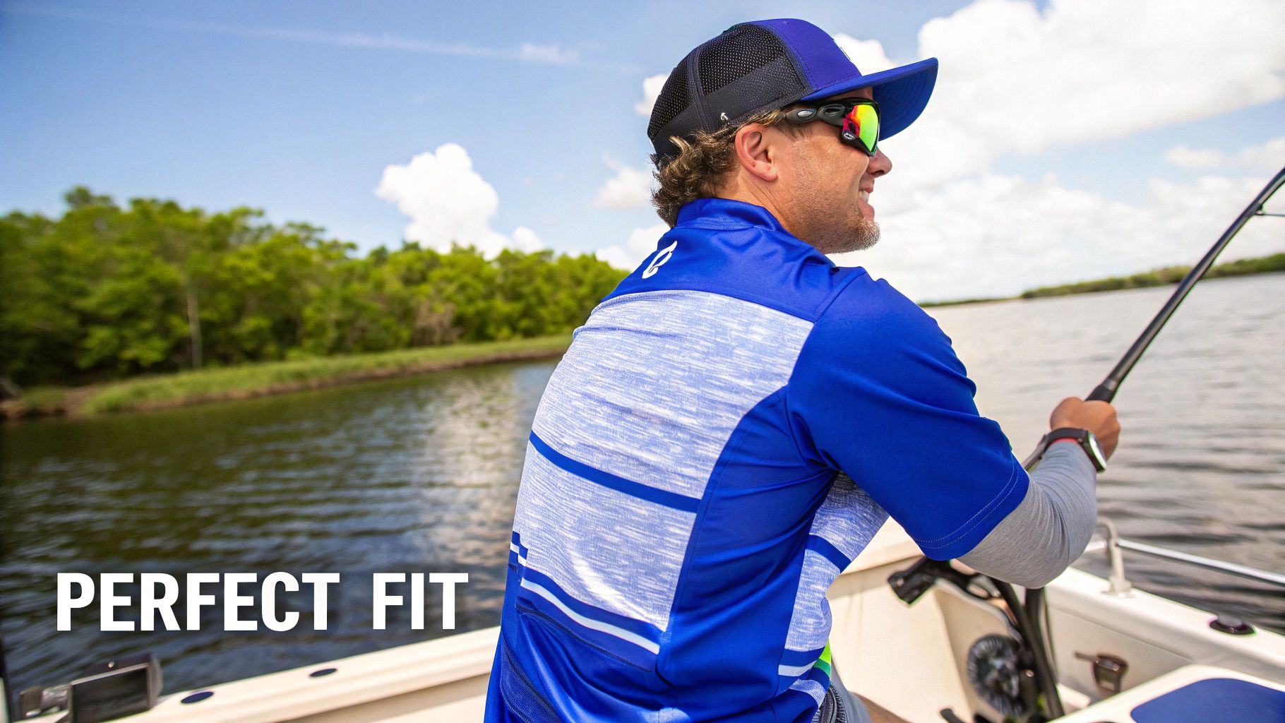 An angler wearing a functional fishing shirt prepares their line on a sunny day.