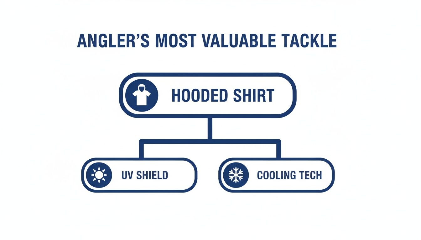 Diagram illustrating a hooded fishing shirt's key benefits: UV shield and cooling technology for anglers.