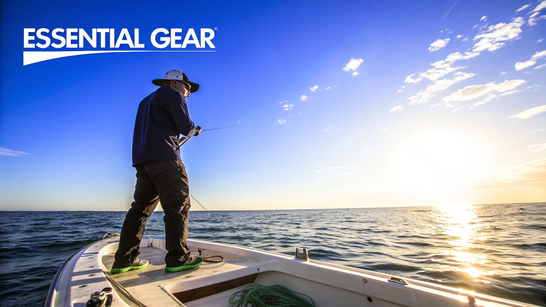 A person in a fishing hat and long-sleeved shirt fishing from a boat at sunset on the ocean.
