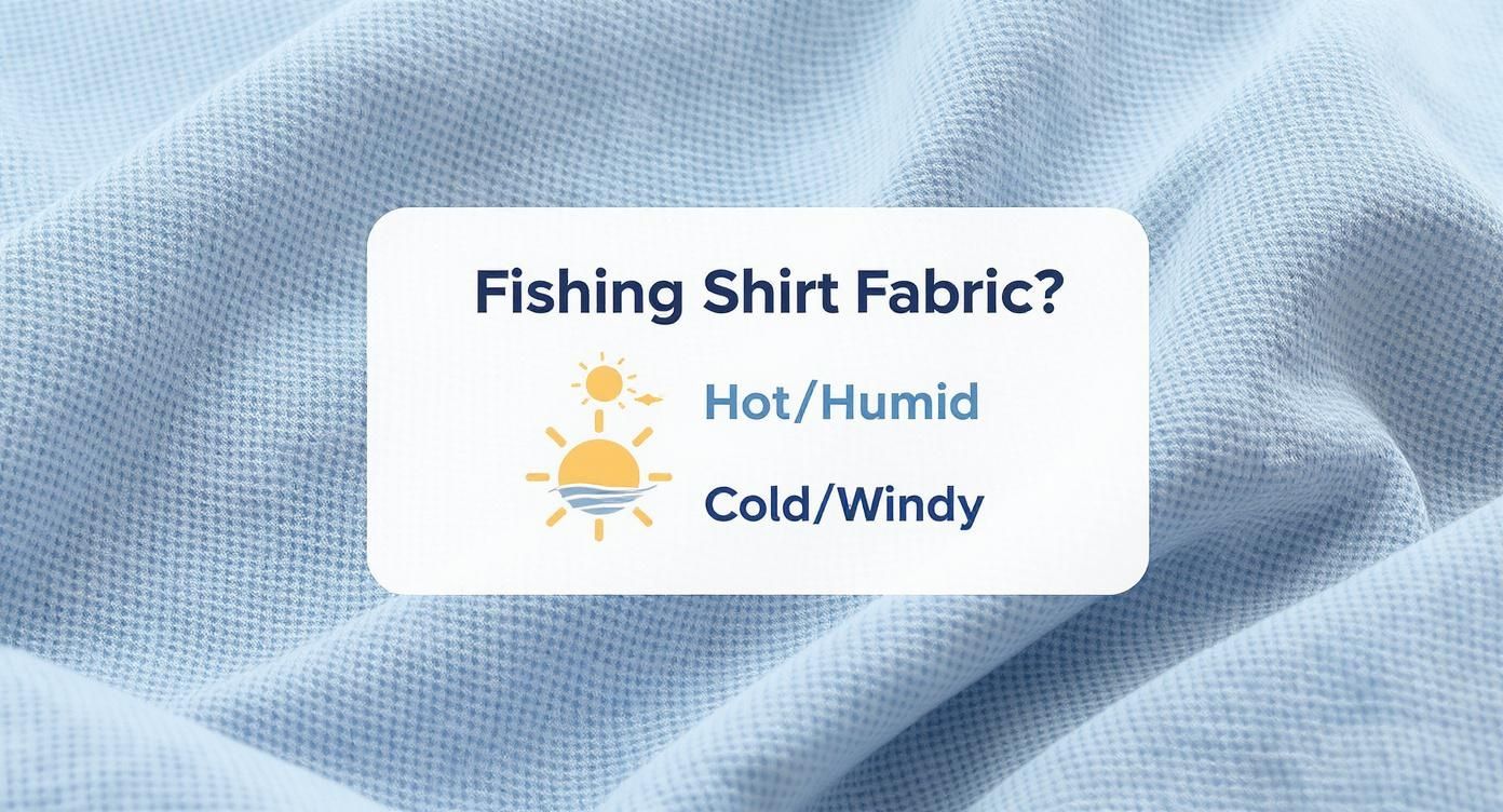 Infographic decision tree for choosing the best fishing shirts for men based on hot/humid or cold/windy conditions.