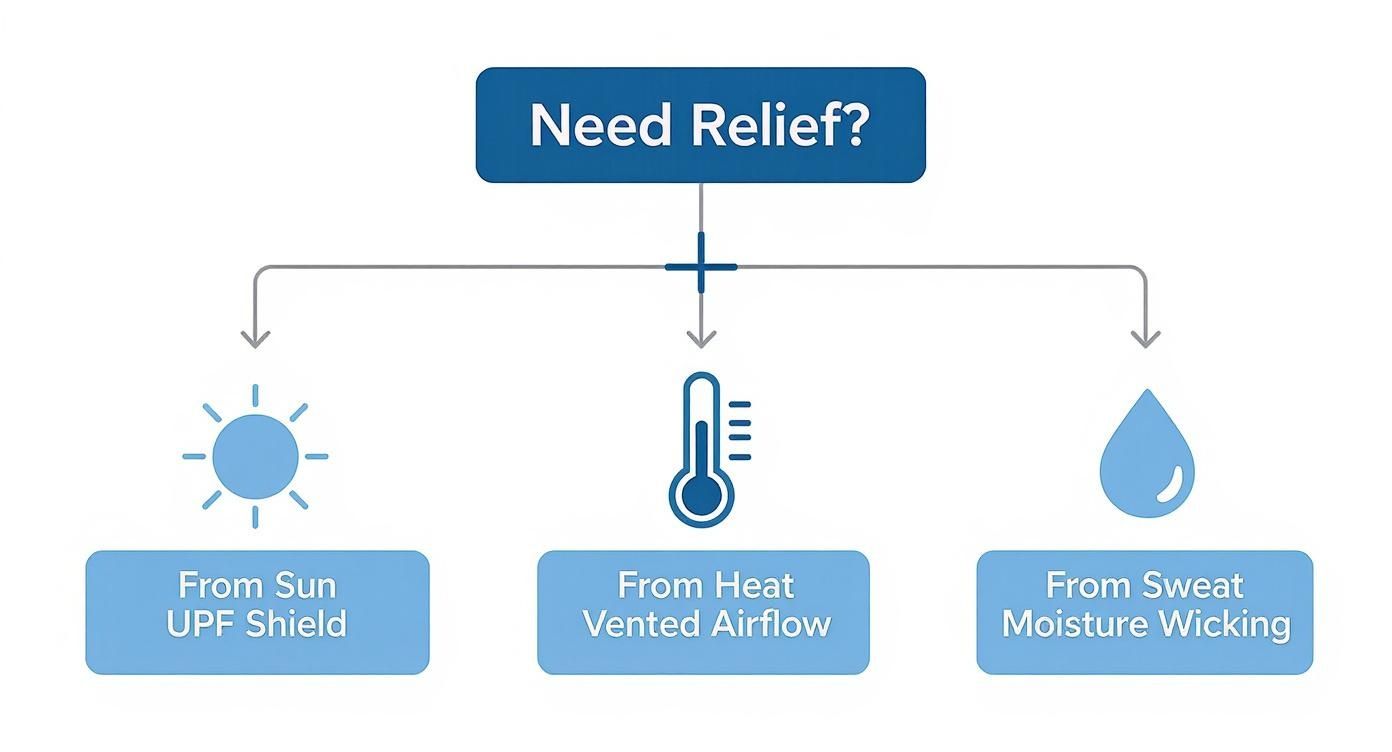 Flowchart illustrating relief from sun (UPF shield), heat (vented airflow), and sweat (moisture wicking).