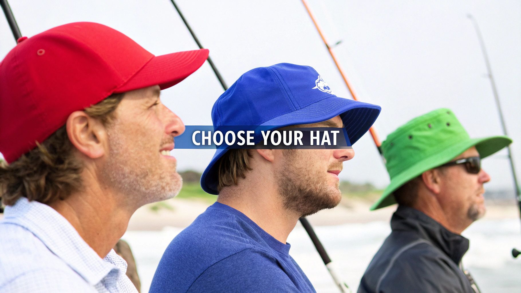Three men fishing wearing a red baseball cap, blue bucket hat, and green wide-brimmed sun hat.