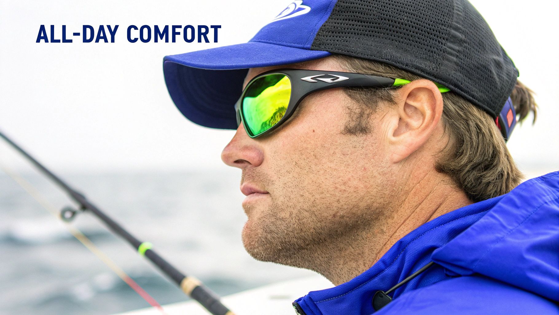 A man in reflective sunglasses and a cap is fishing on a boat, emphasizing all-day comfort.