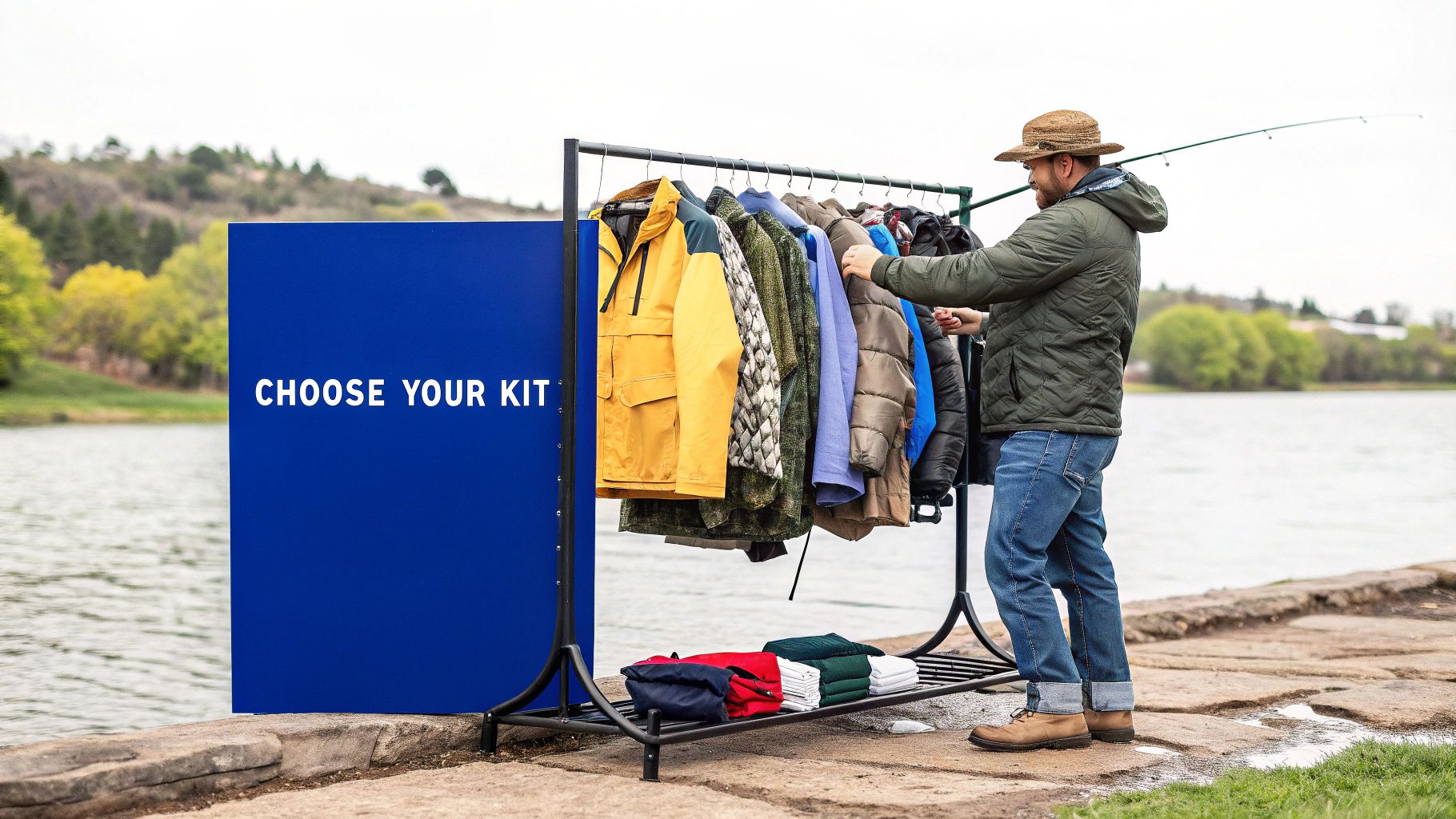 An angler in full fishing gear prepares to cast from the shore into a serene lake at sunrise.