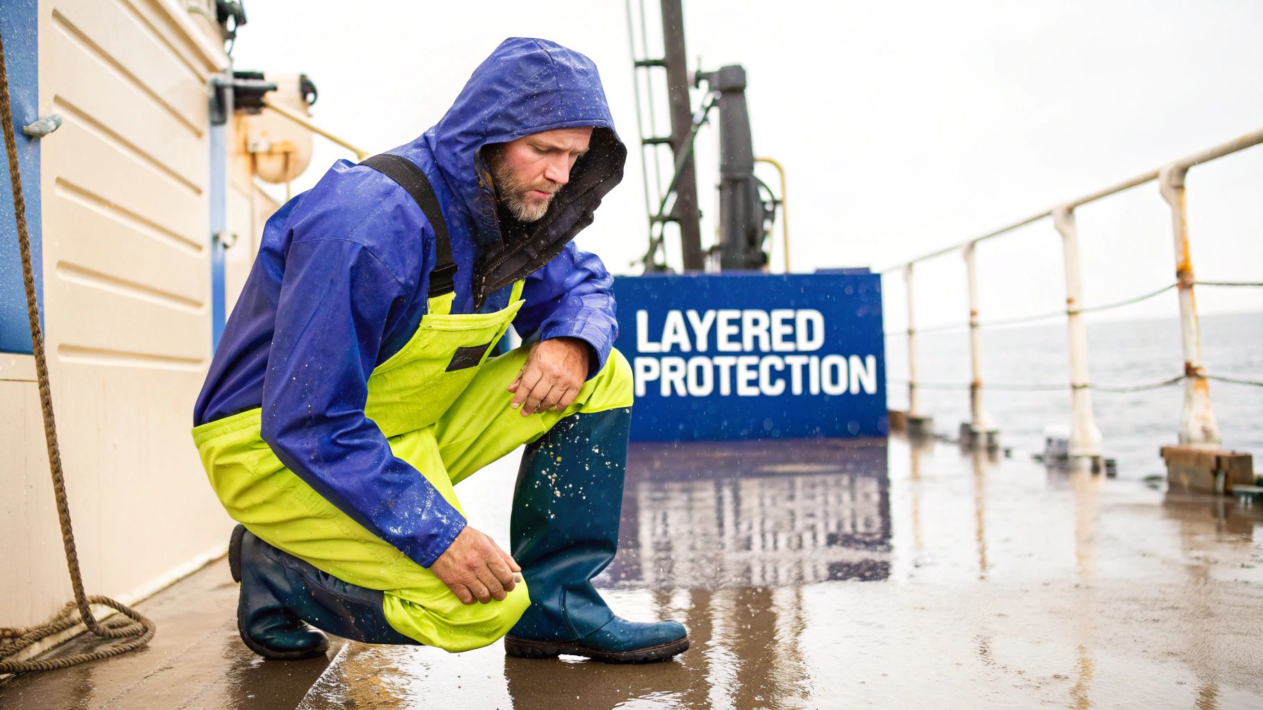 A man layering his fishing rain gear for a day out on the water.