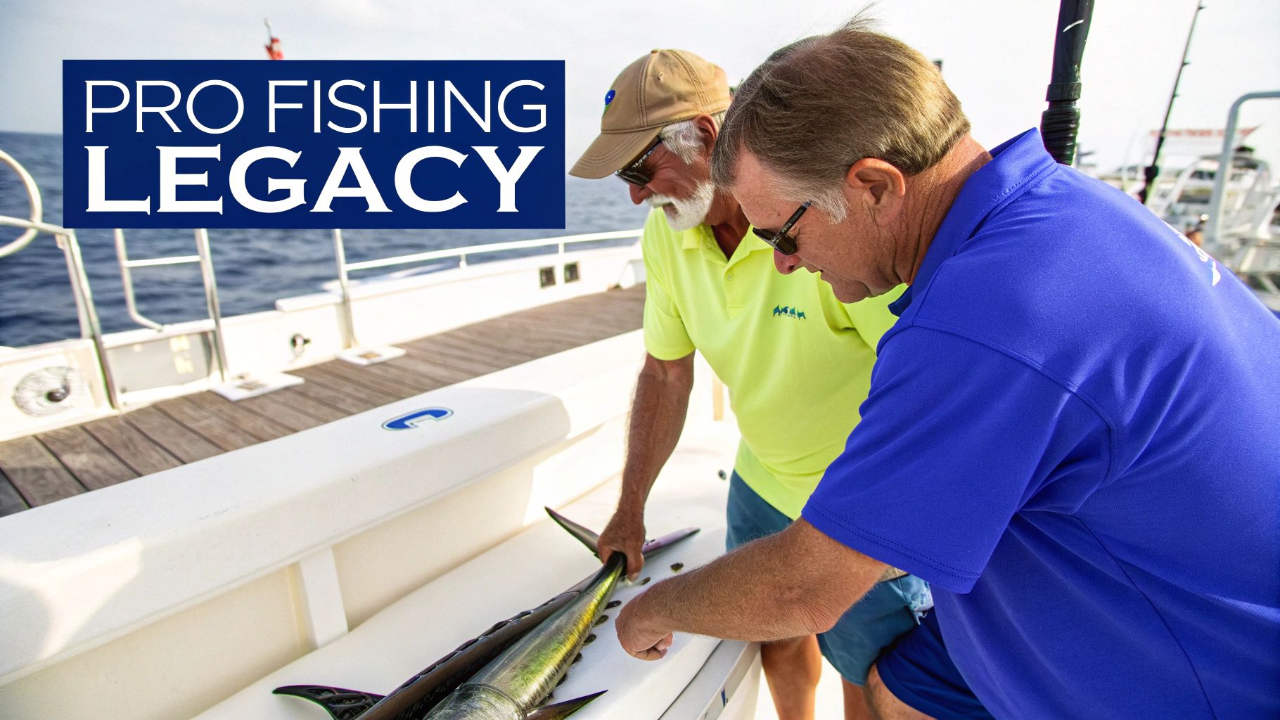 Two men in short sleeve fishing shirts examining a fresh tuna catch on a boat, with the ocean visible.