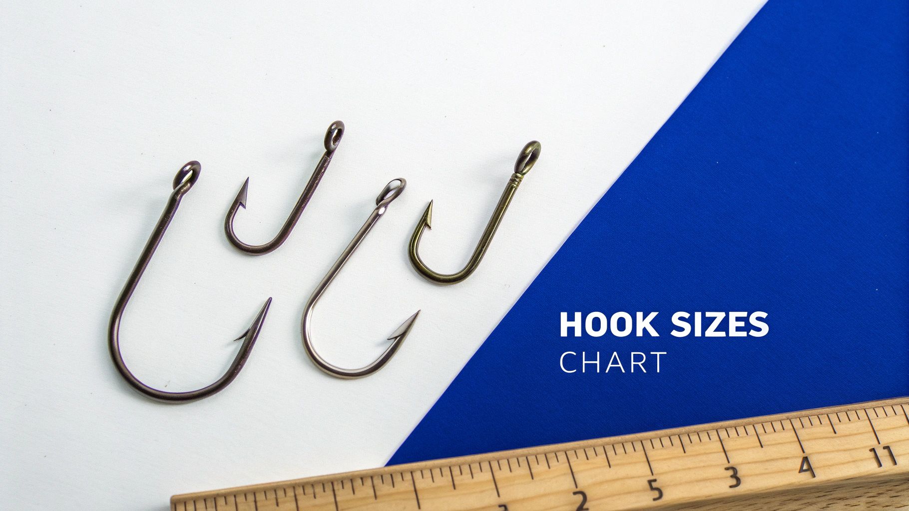 Several fishing hooks, a ruler, and 'HOOK SIZES CHART' text on a white and blue surface.