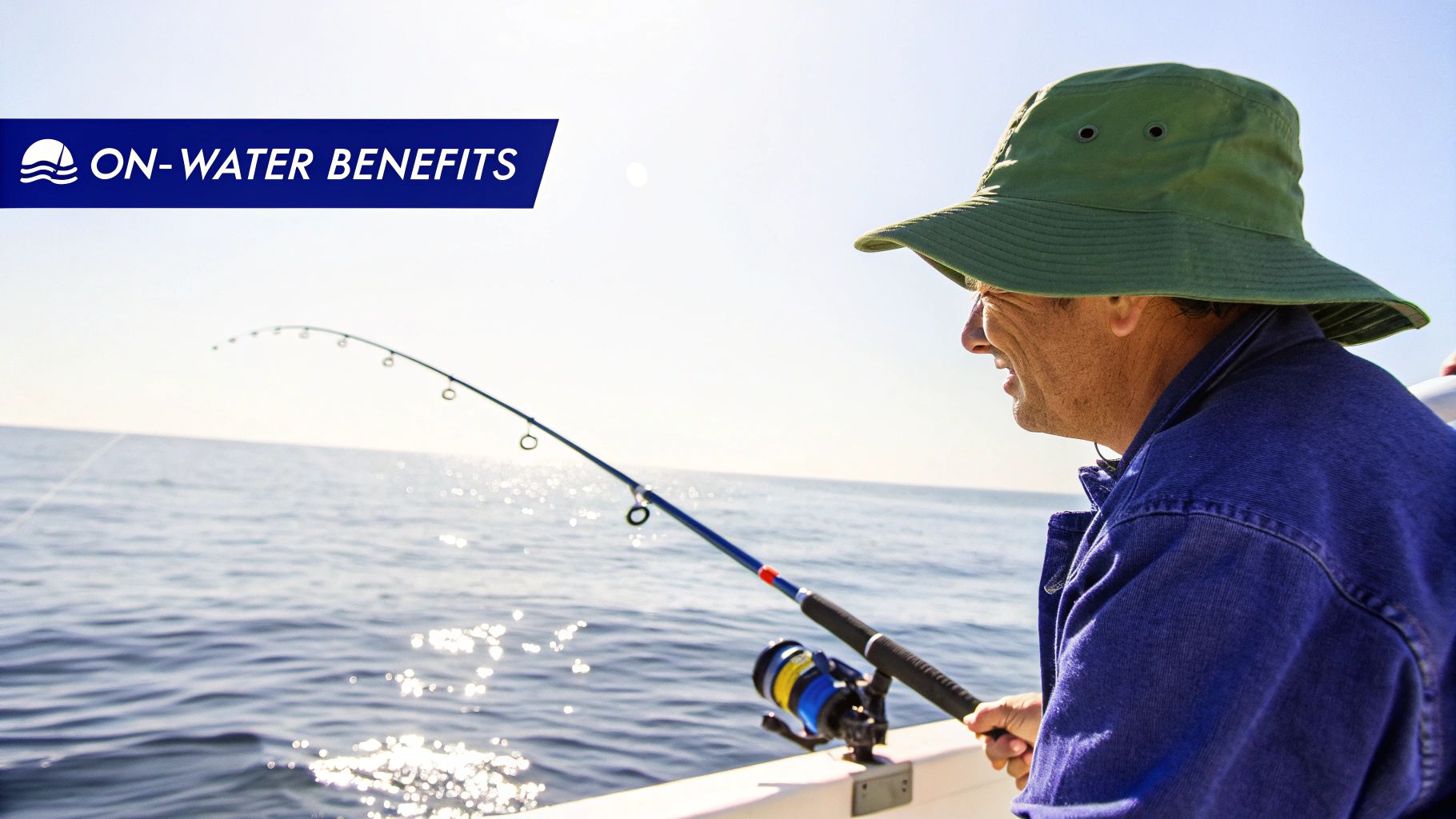 A smiling man wearing a green bucket hat and blue jacket fishing from a boat on a sunny day.