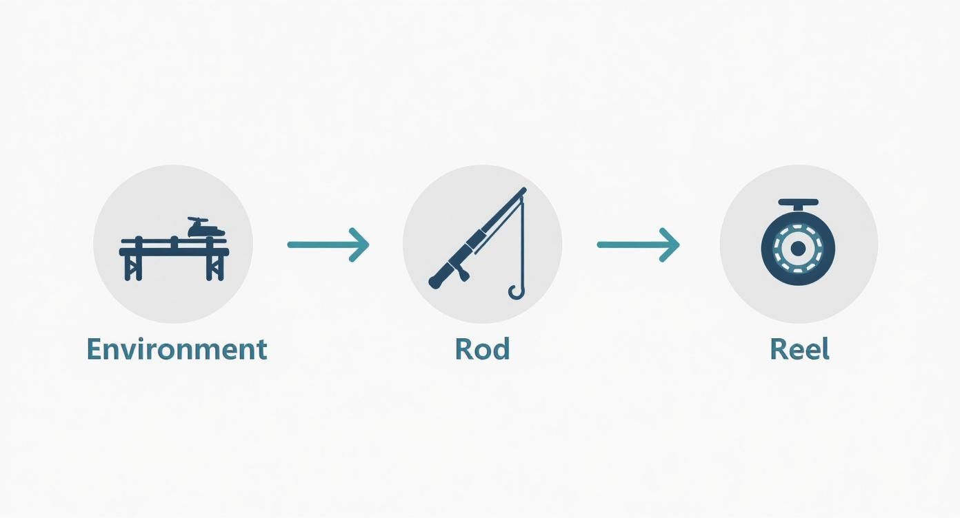 Infographic showing a process flow for choosing a fishing rod and reel, starting with environment, then rod, then reel.