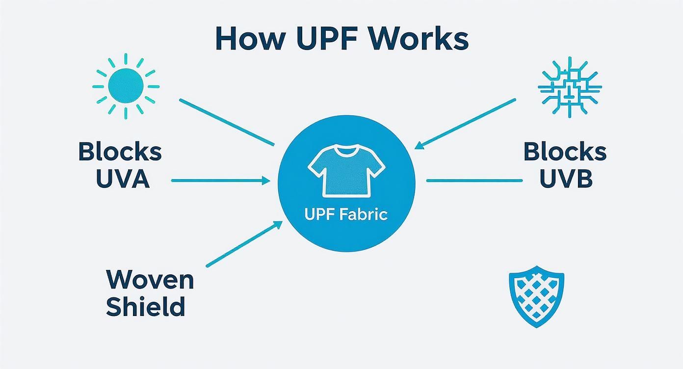 Diagram explaining how UPF fabric works, showing it blocks UVA and UVB rays as a woven shield.