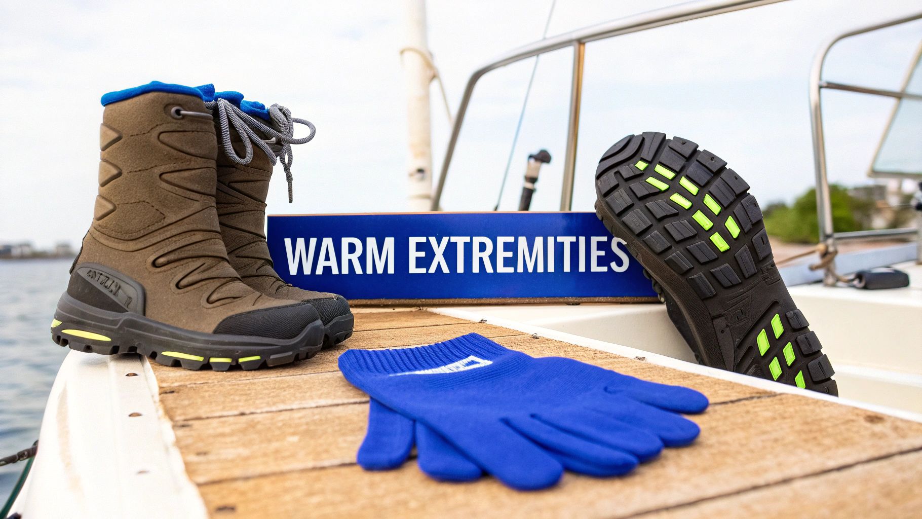 Winter fishing boots with warm gloves on boat deck showcasing cold weather extremities protection gear