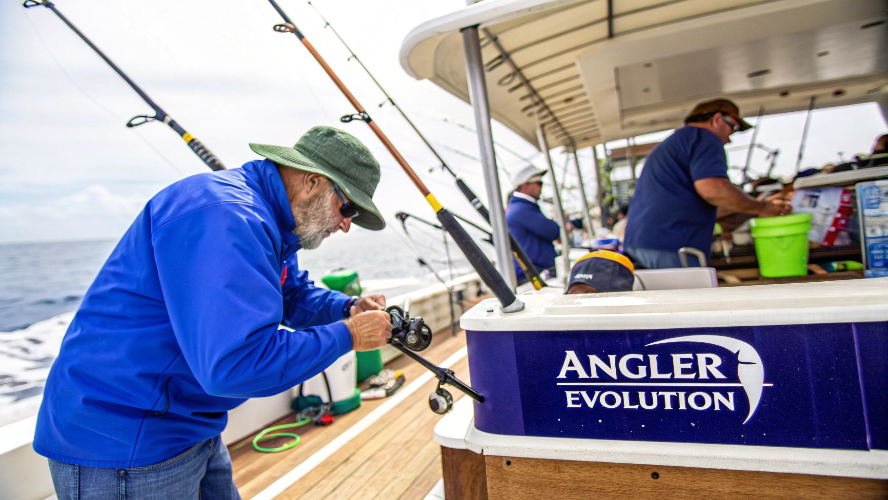 A black and white photograph of two men on a fishing boat, proudly displaying a large marlin.