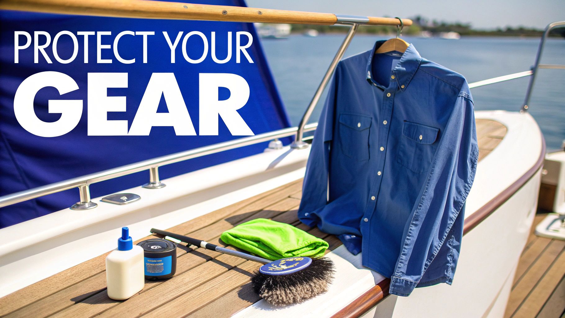A blue long-sleeve shirt hangs on a boat railing with cleaning supplies and "PROTECT YOUR GEAR" text.