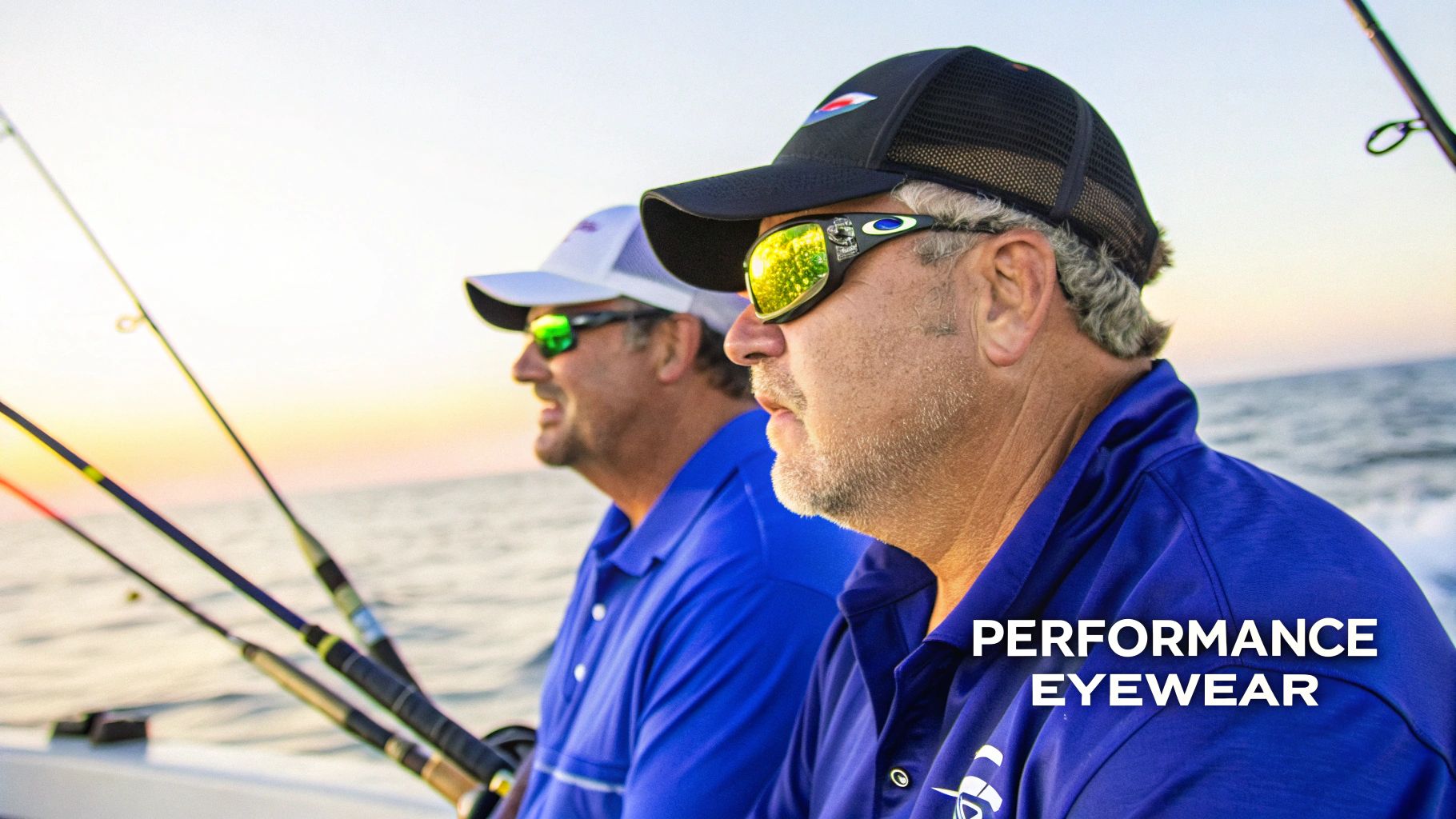 Two men in blue shirts and hats fish on a boat at sunset, both wearing performance sunglasses.