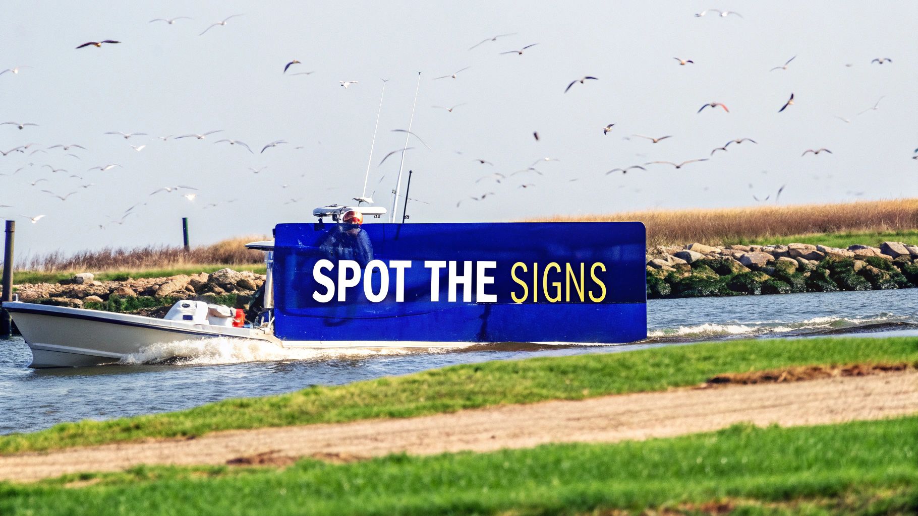 A boat on the water with a blue 'SPOT THE SIGNS' message and flying seagulls.