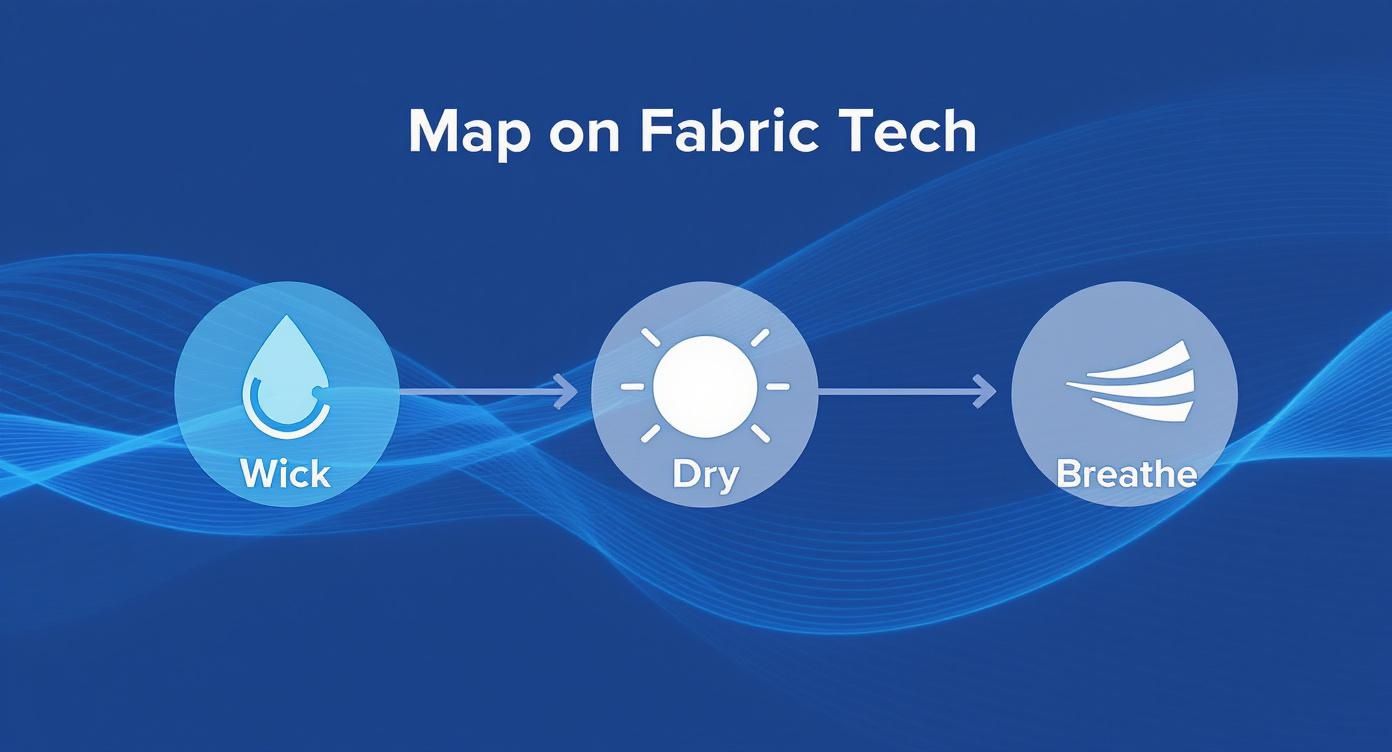 A fabric technology diagram illustrating the steps of wicking, drying, and breathing for optimal comfort.