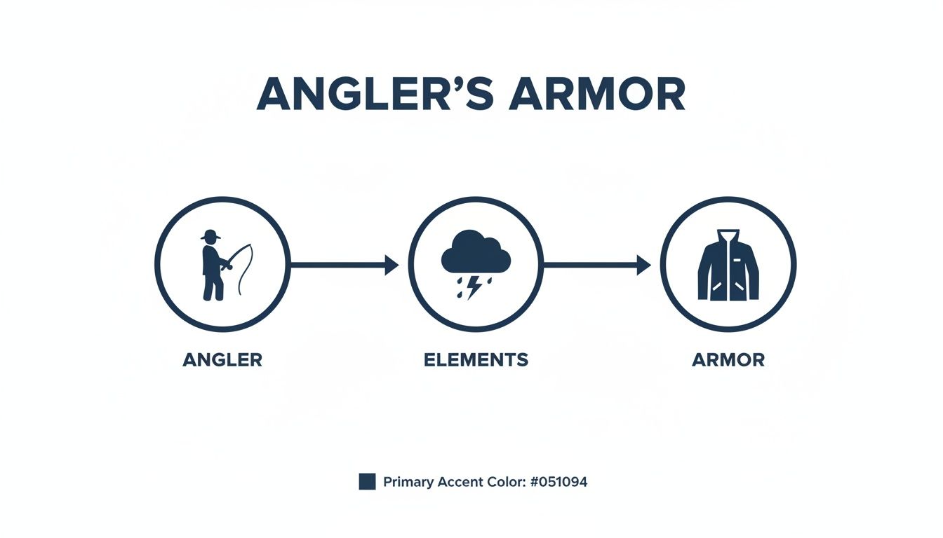 Diagram illustrating an angler, the elements they face, and protective armor, with accent color.