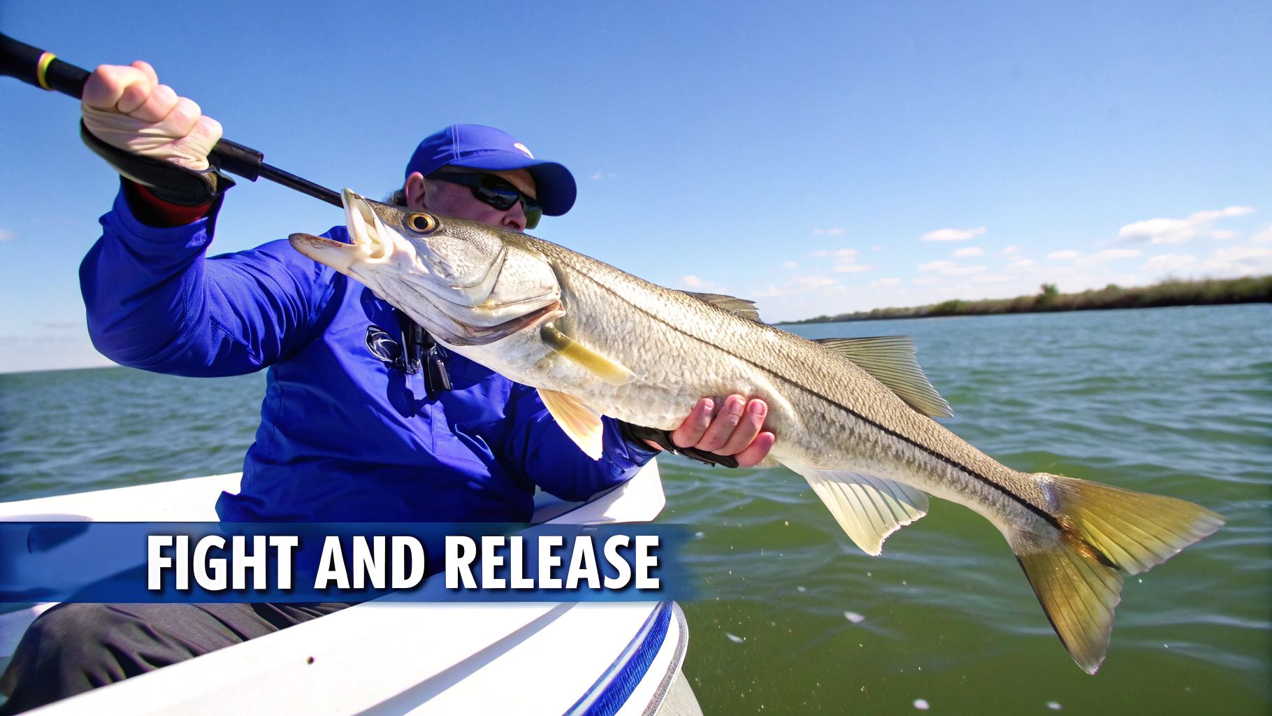 A person in a blue jacket holds a large snook fish on a fishing rod from a boat.