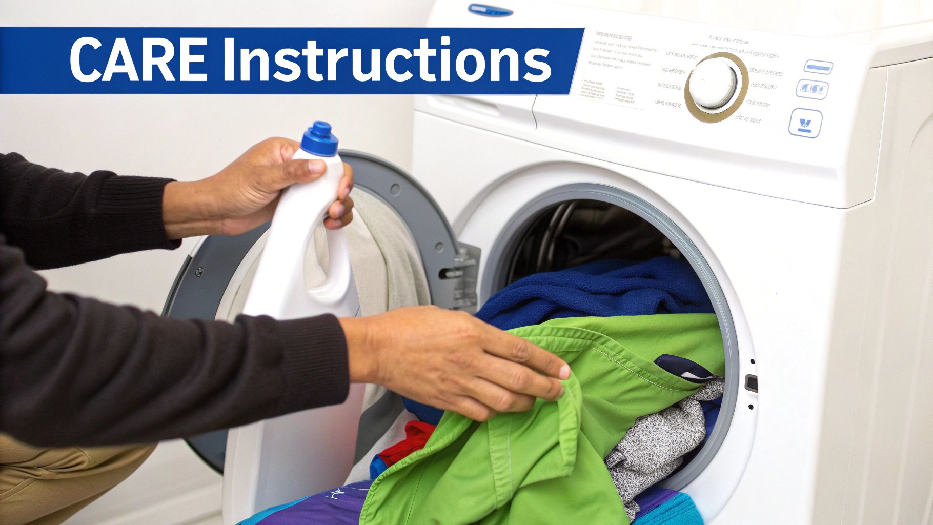 A person loads clothes into a white front-loading washing machine while holding a bottle of detergent. The image has a blue banner with the text 'CARE Instructions'.