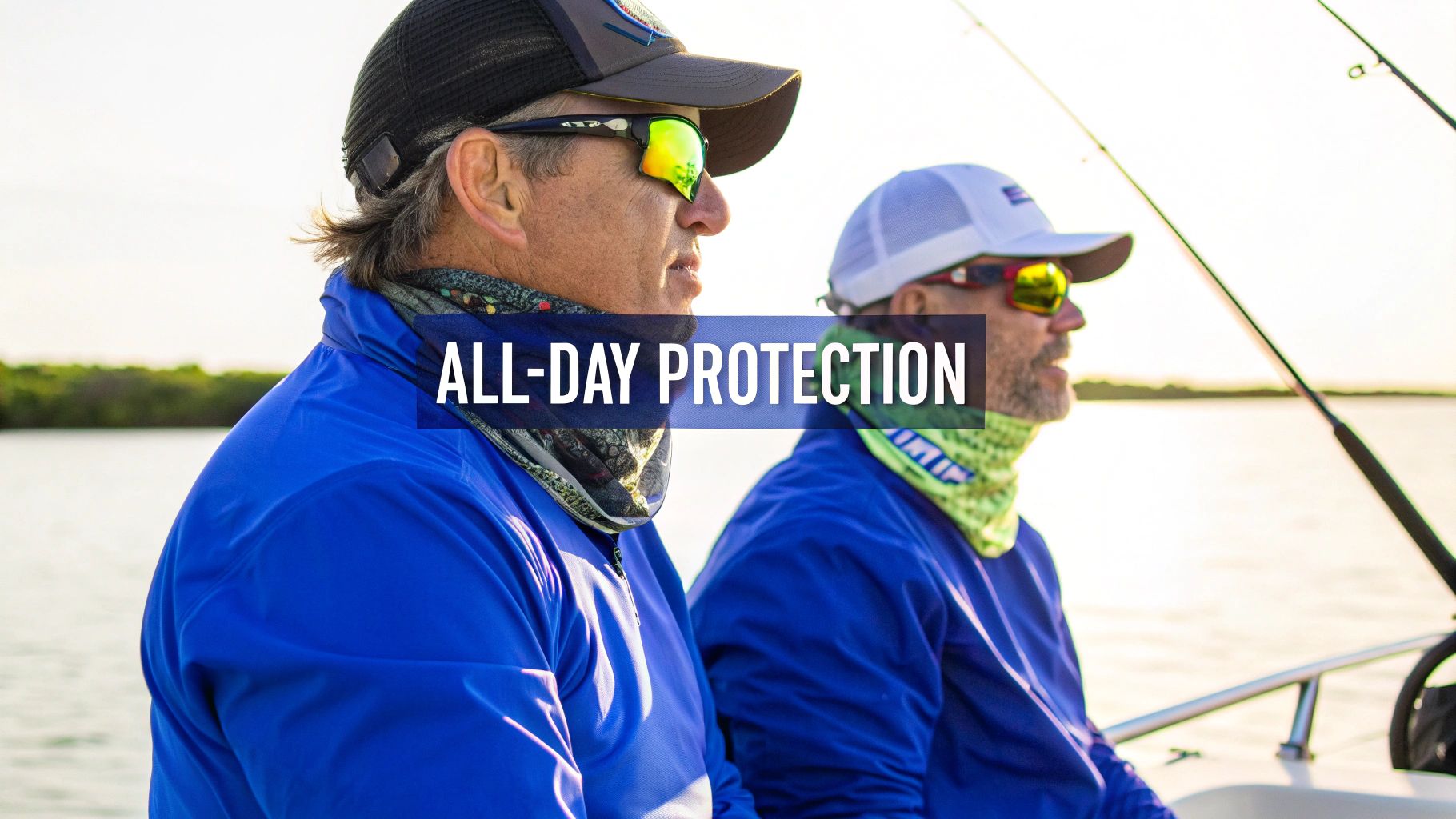 A saltwater fisherman wearing a fishing neck gaiter while holding a large fish.