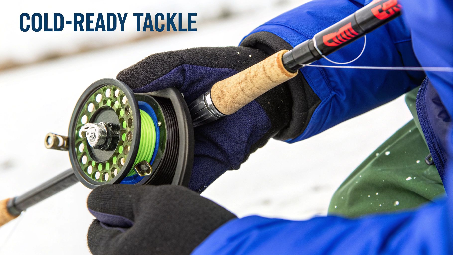 A person wearing gloves and a blue jacket holds cold-ready fly fishing tackle with bright green line.