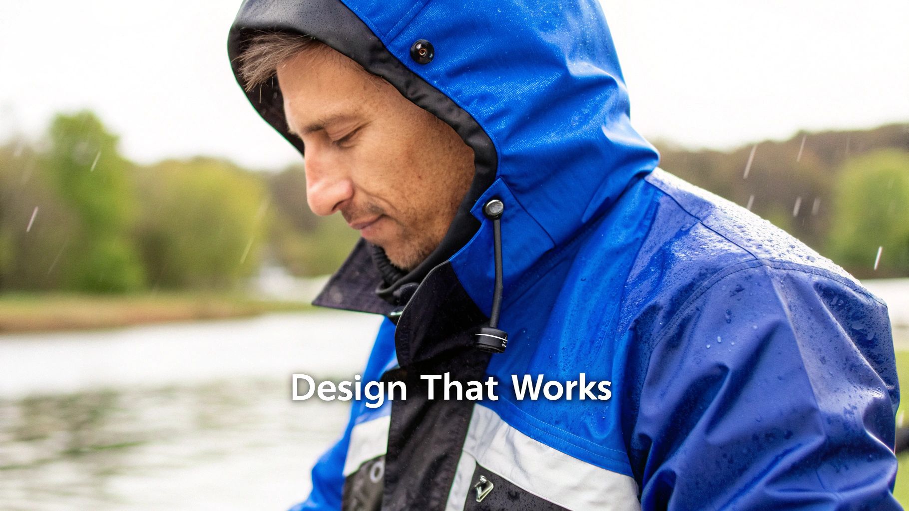 Angler wearing high-quality rain gear with specific design features visible.