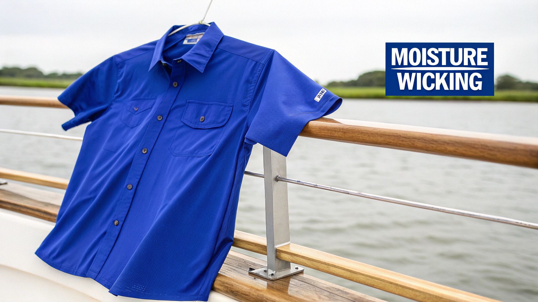 A person wearing a performance fishing shirt holds a fish on a boat.