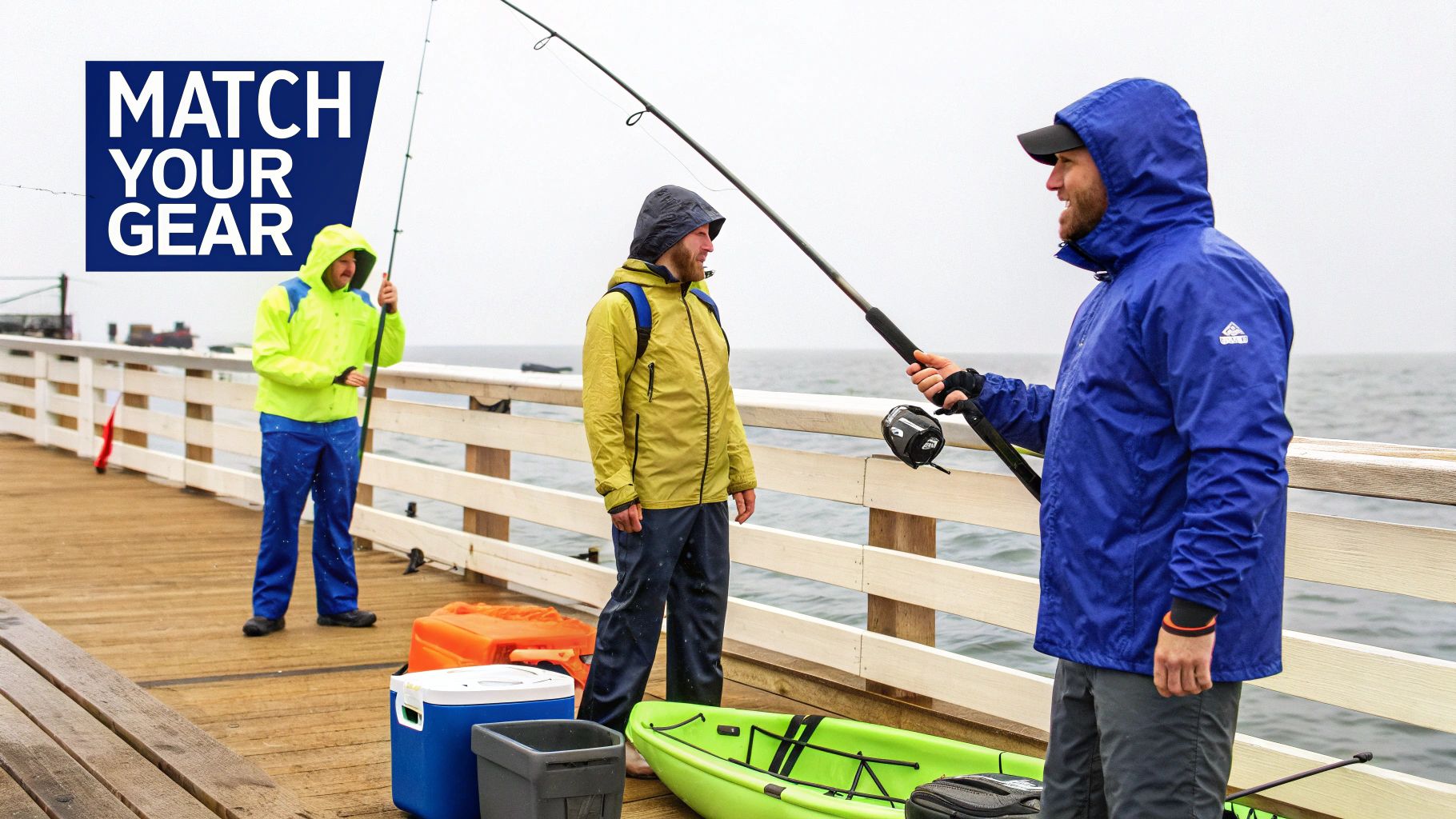 An angler wearing a full rain suit while fishing from a boat.