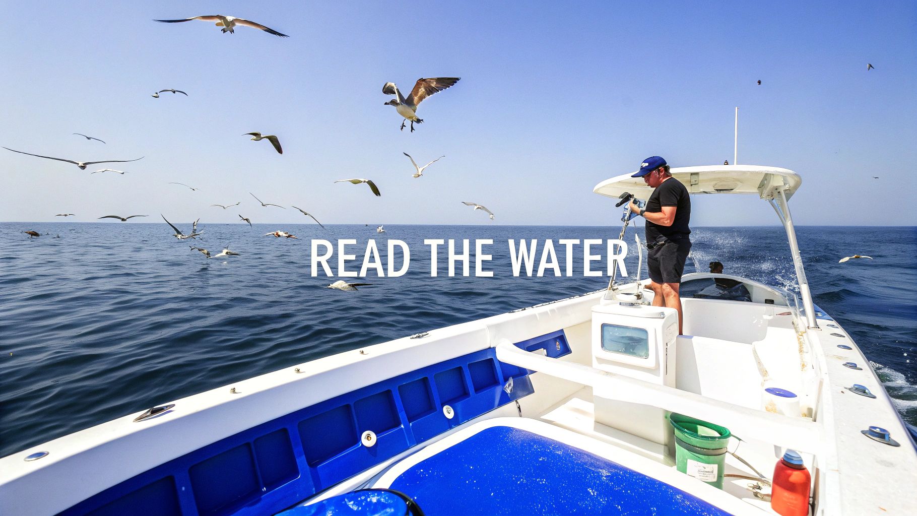 Two men looking out at the ocean from a sportfishing boat