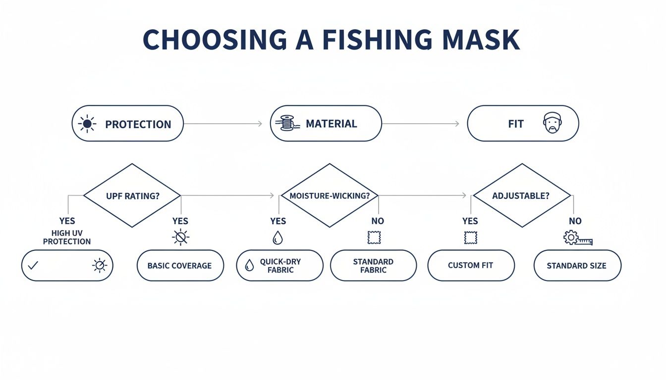 A flowchart titled 'Choosing a Fishing Mask' guiding decisions on protection, material, and fit.