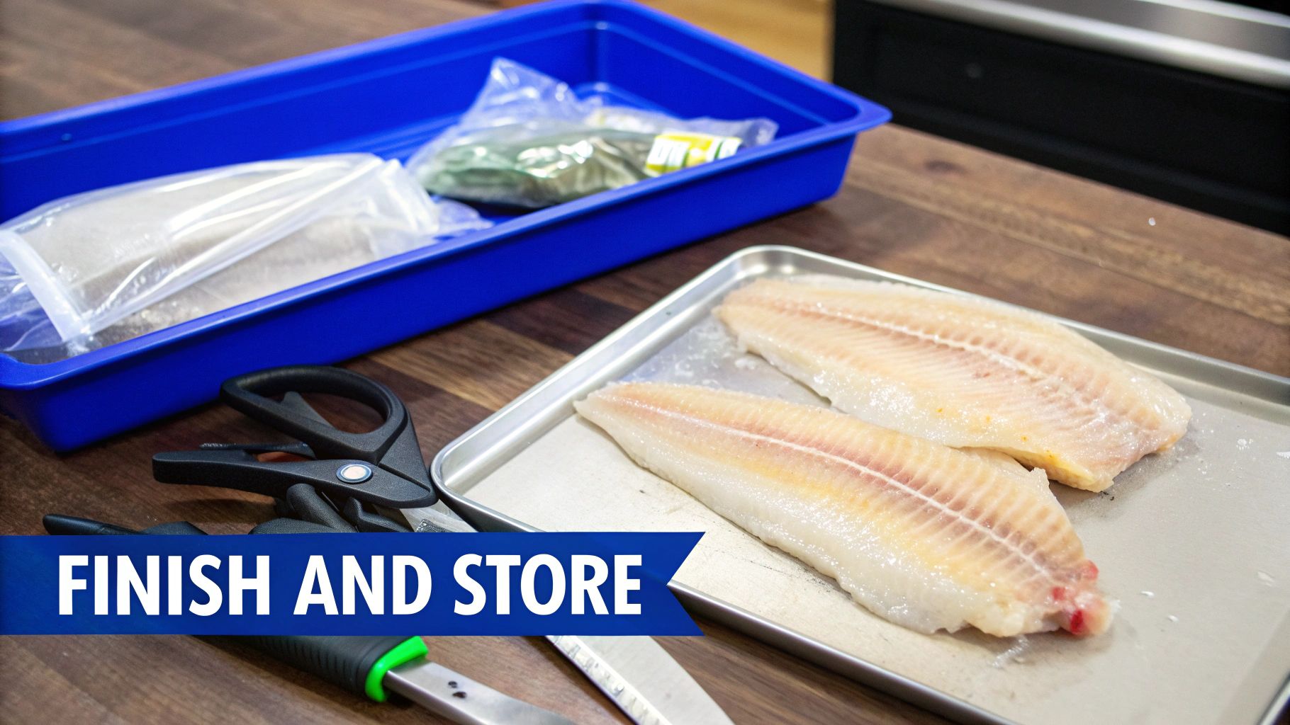 Two fresh fish fillets on a metal tray next to packaged items and kitchen tools, ready to be stored.