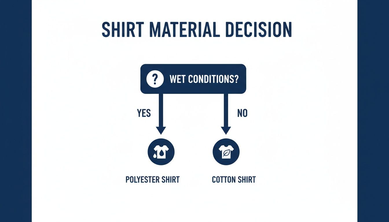 Decision tree for choosing shirt material: polyester for wet conditions, cotton for dry.