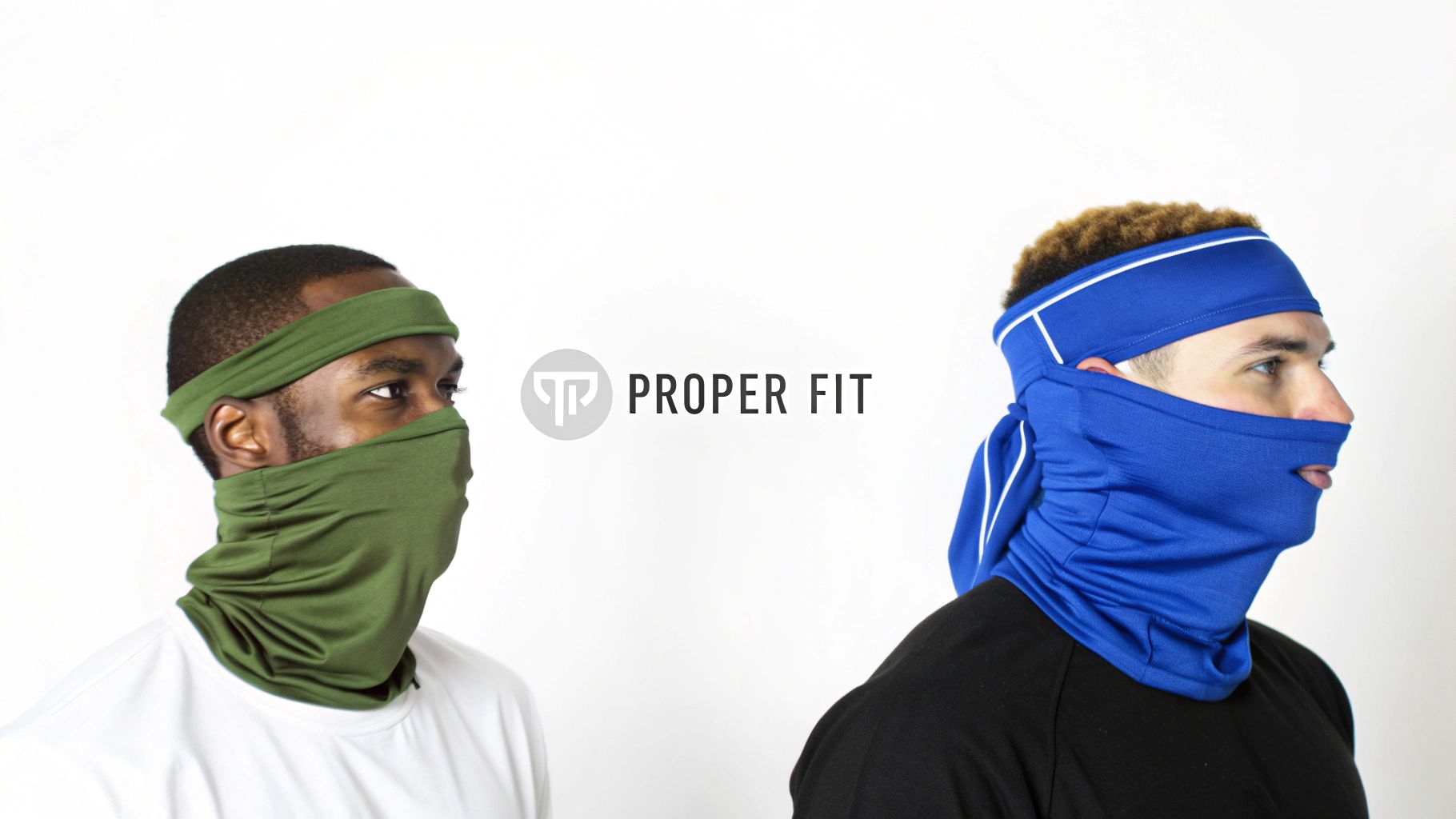 Two men demonstrating olive green and blue neck gaiters and headbands for proper fit.